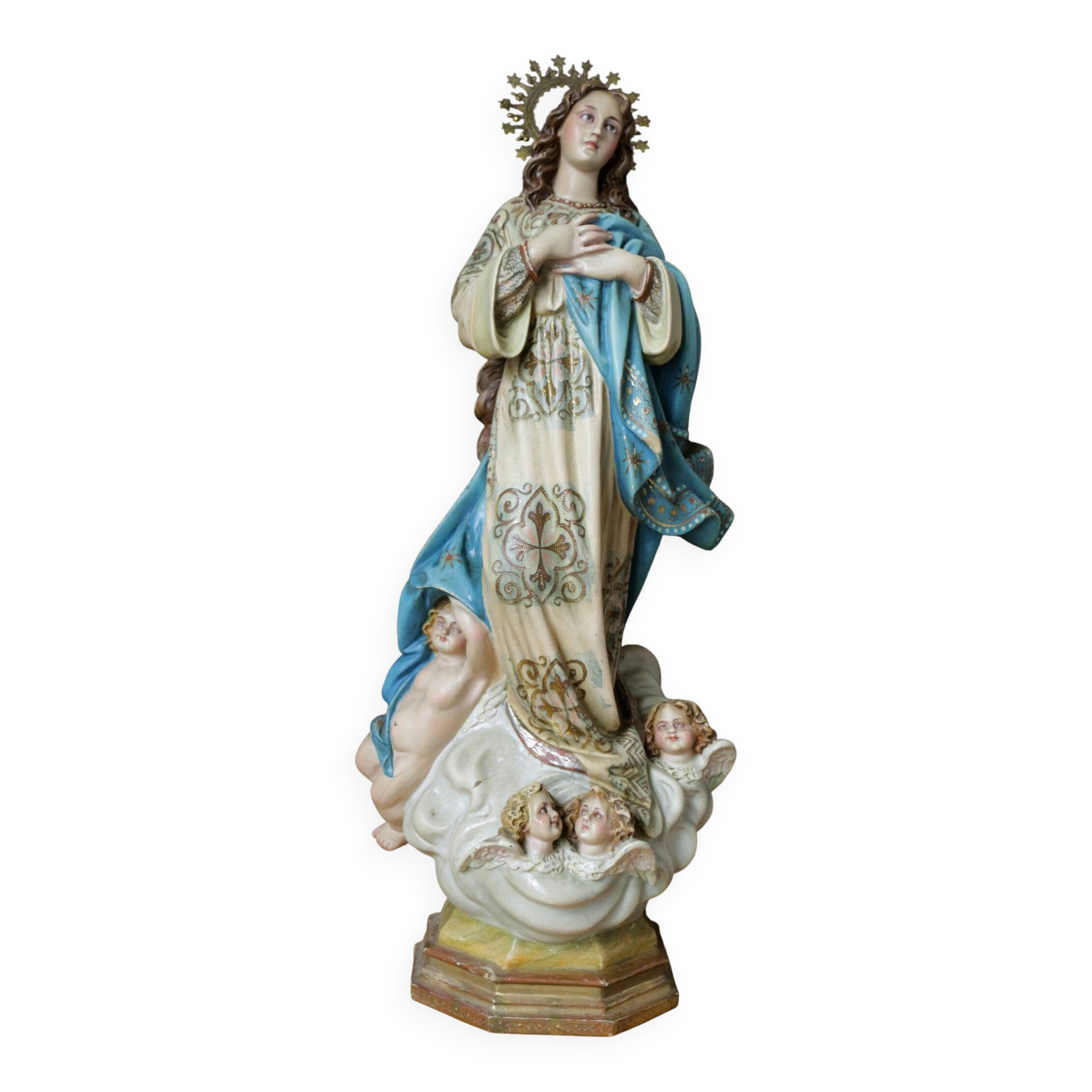 Plaster statuette of the Virgin of Olot with glass eyes. Early 20th century.