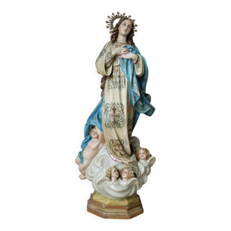 Statuette Vierge de Olot en plâtre et verre, début XXème