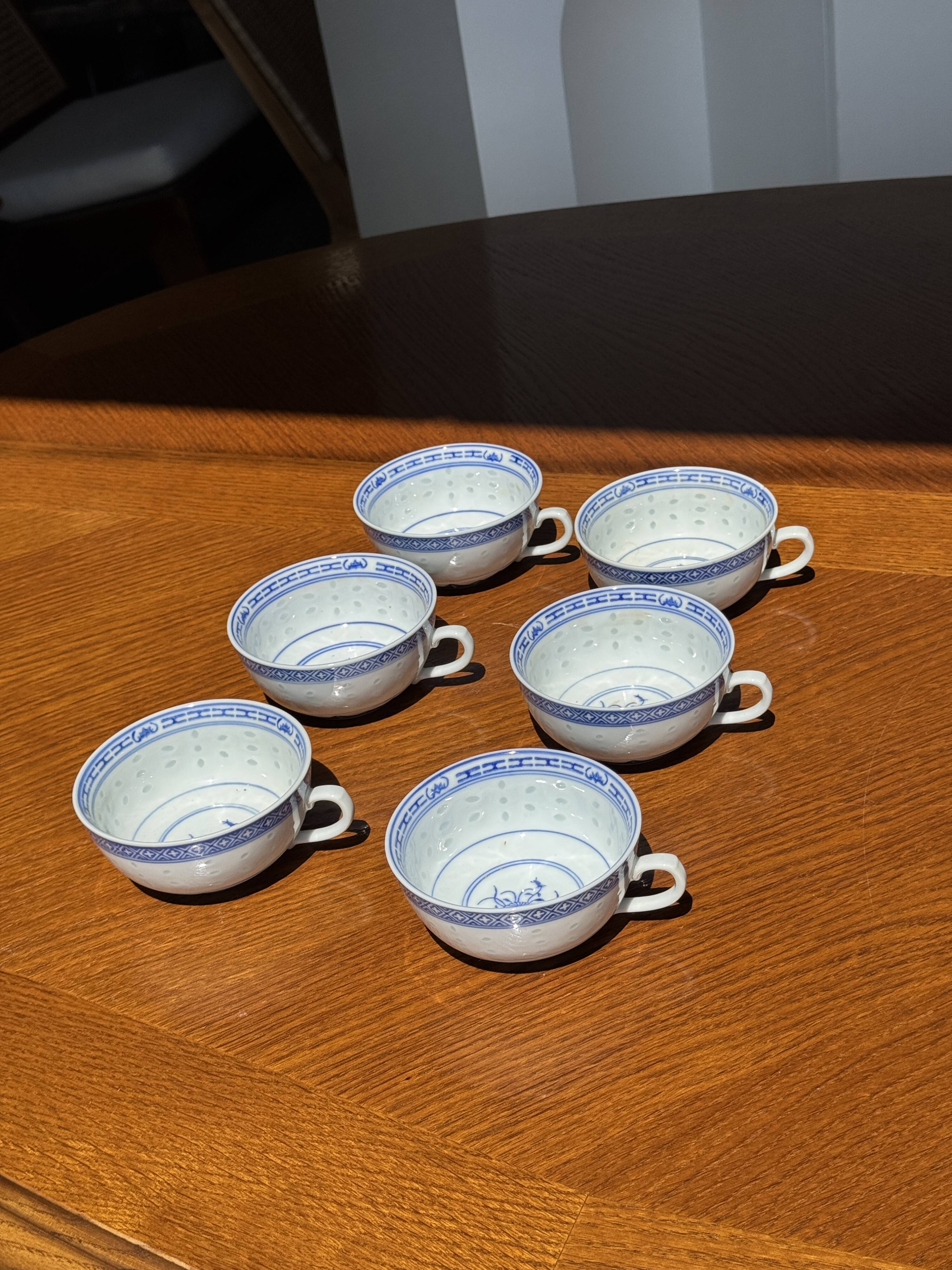 Small Chinese blue and white tea set for 6 cups and saucers.