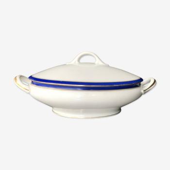 Soupière en porcelaine de Limoges décor de liserés bleu blanc doré 32 cm