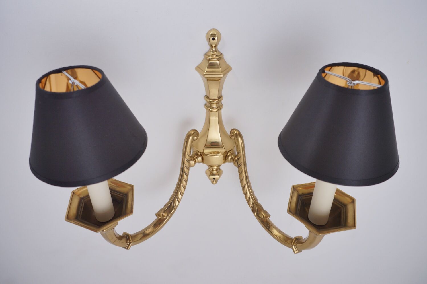Pair brass wall lights sconces, twin arm, Neoclassical, 1950`s ca, English