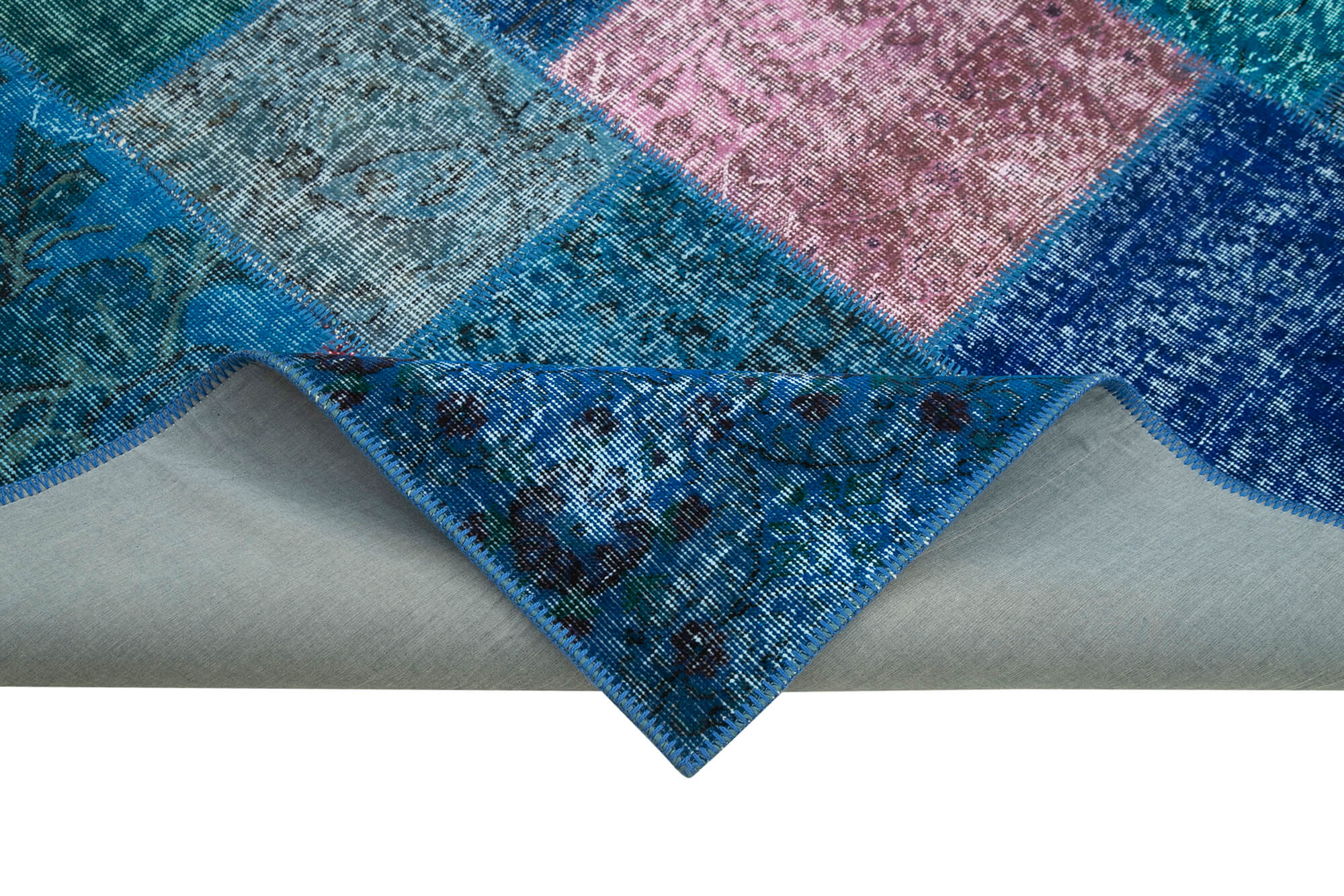 Handwoven anatolian contemporary 204 cm x 300 cm blue patchwork carpet
