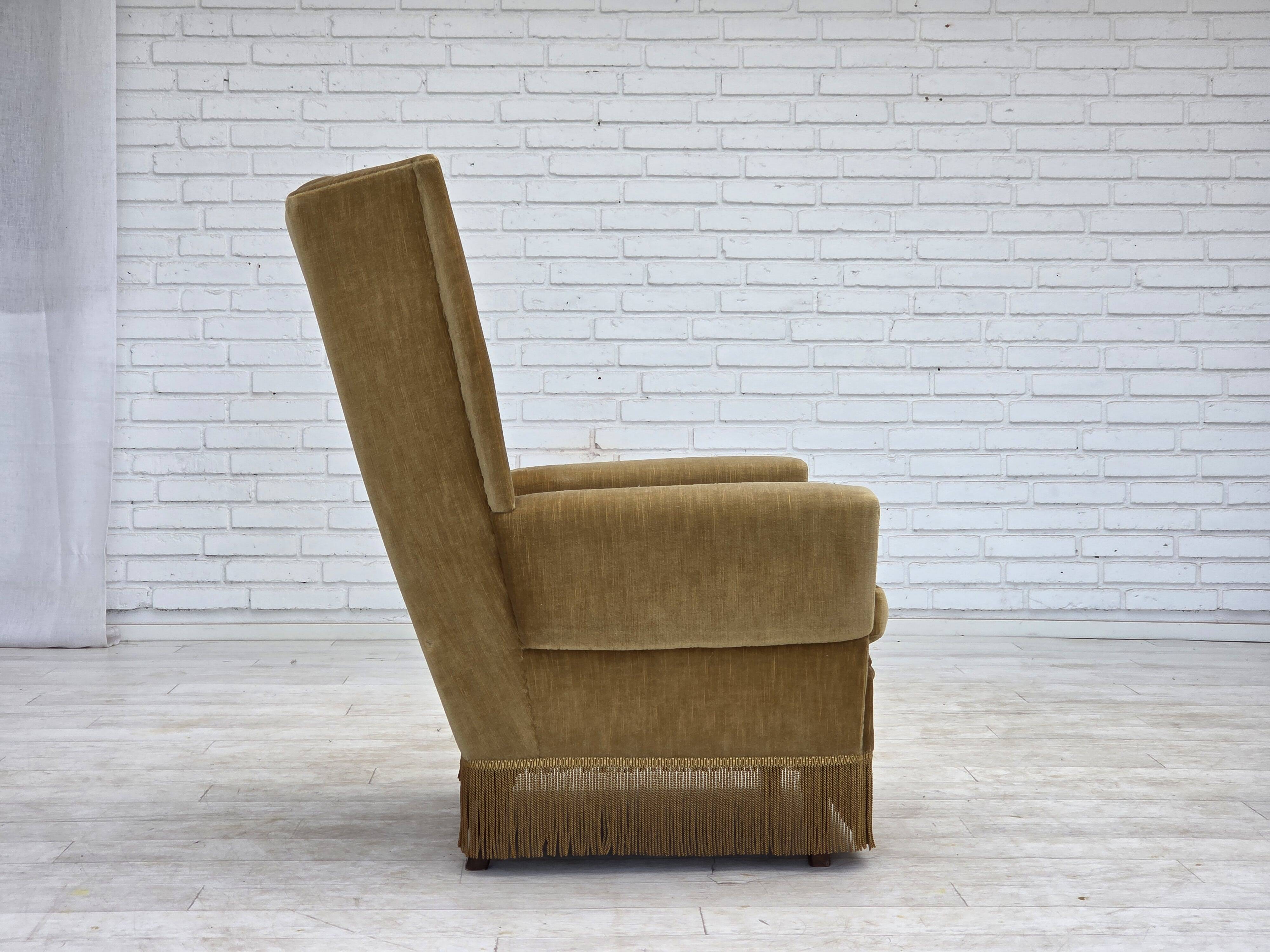 1970s, Danish highback armchair, honey yellow furniture velour.