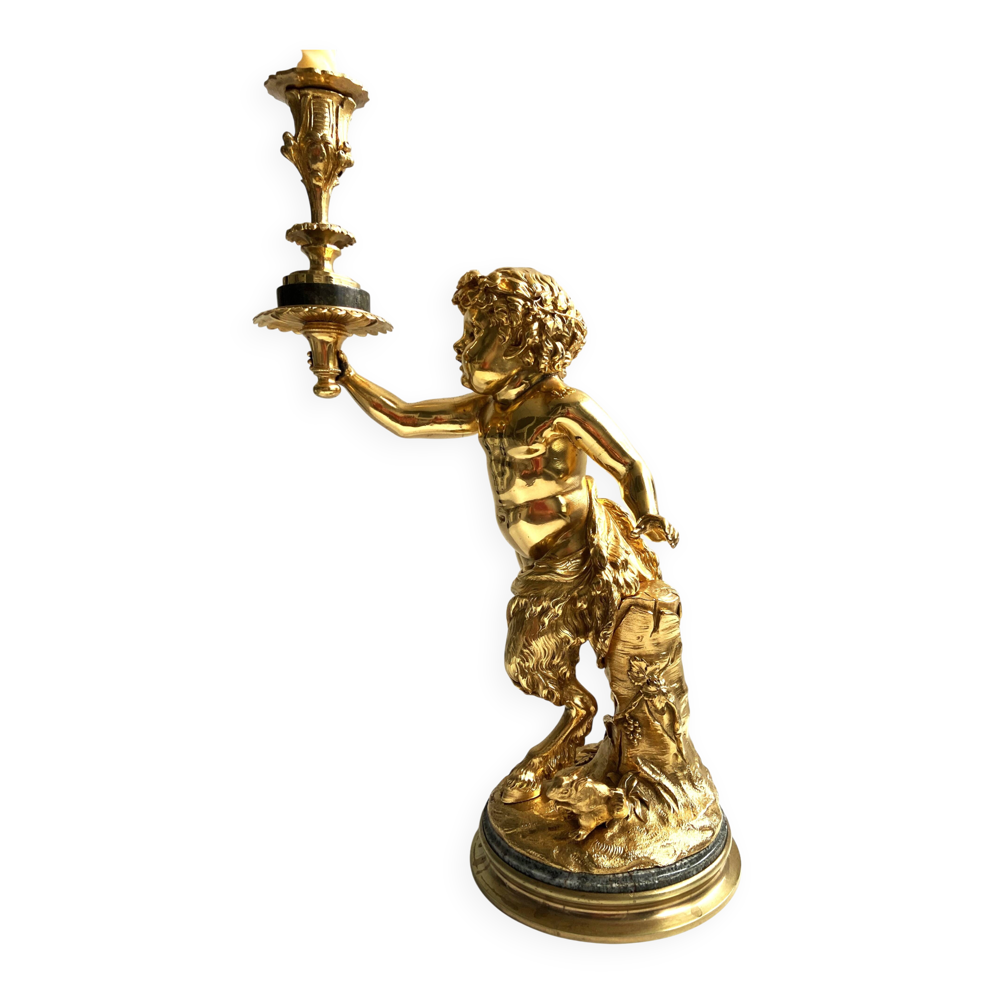 Sculpture, torchère "Jeune satyre" en bronze doré d'après Clodion