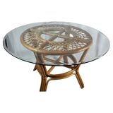 Table with rattan legs and glass top, 1970