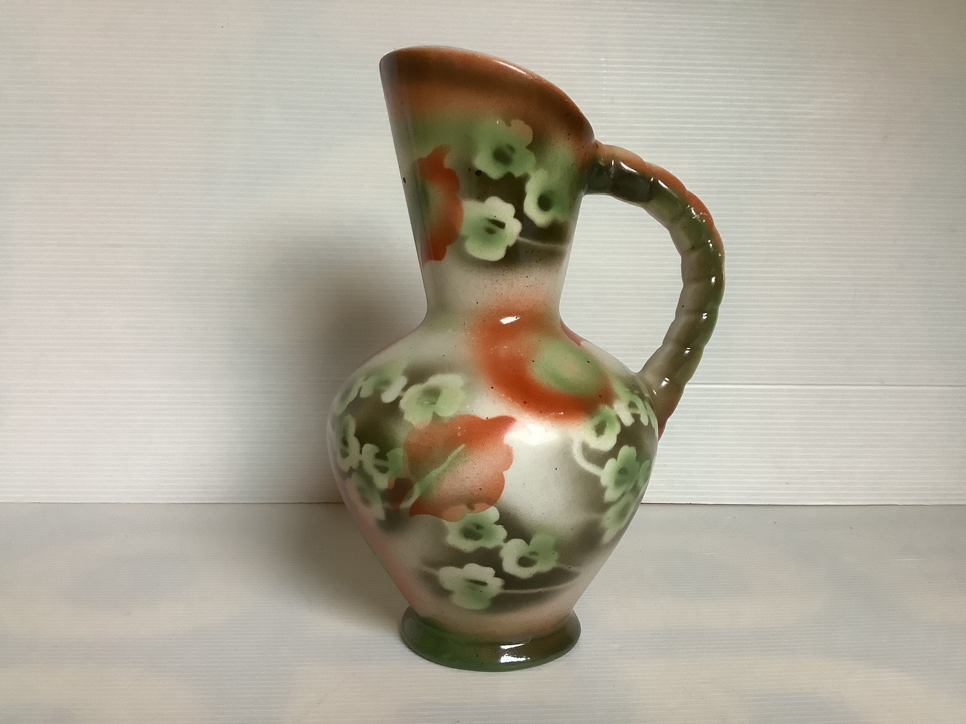 Old vase jug shape green and orange flowers