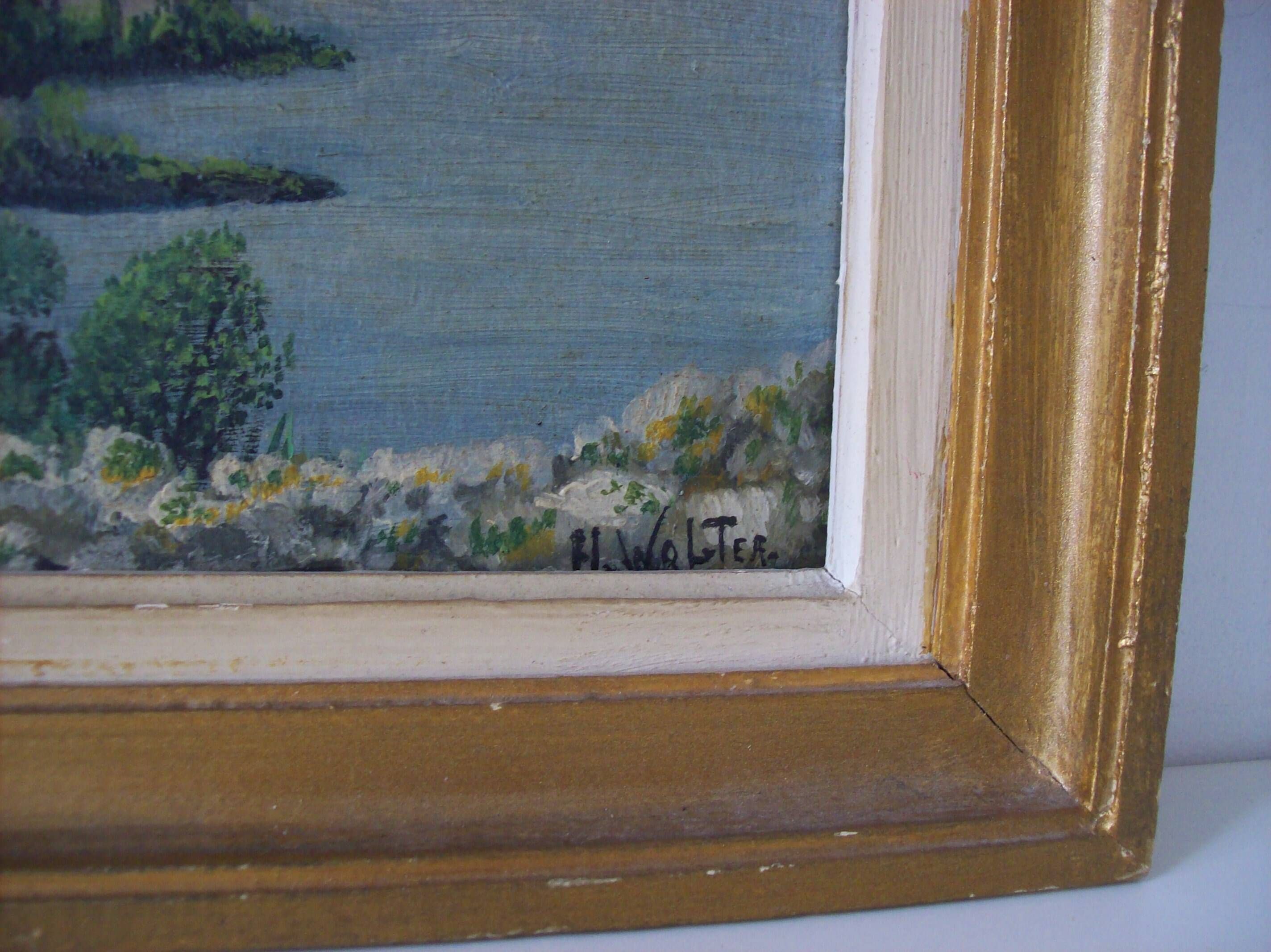Old oil on cardboard of a marine and coastal landscape signed H. Walter.