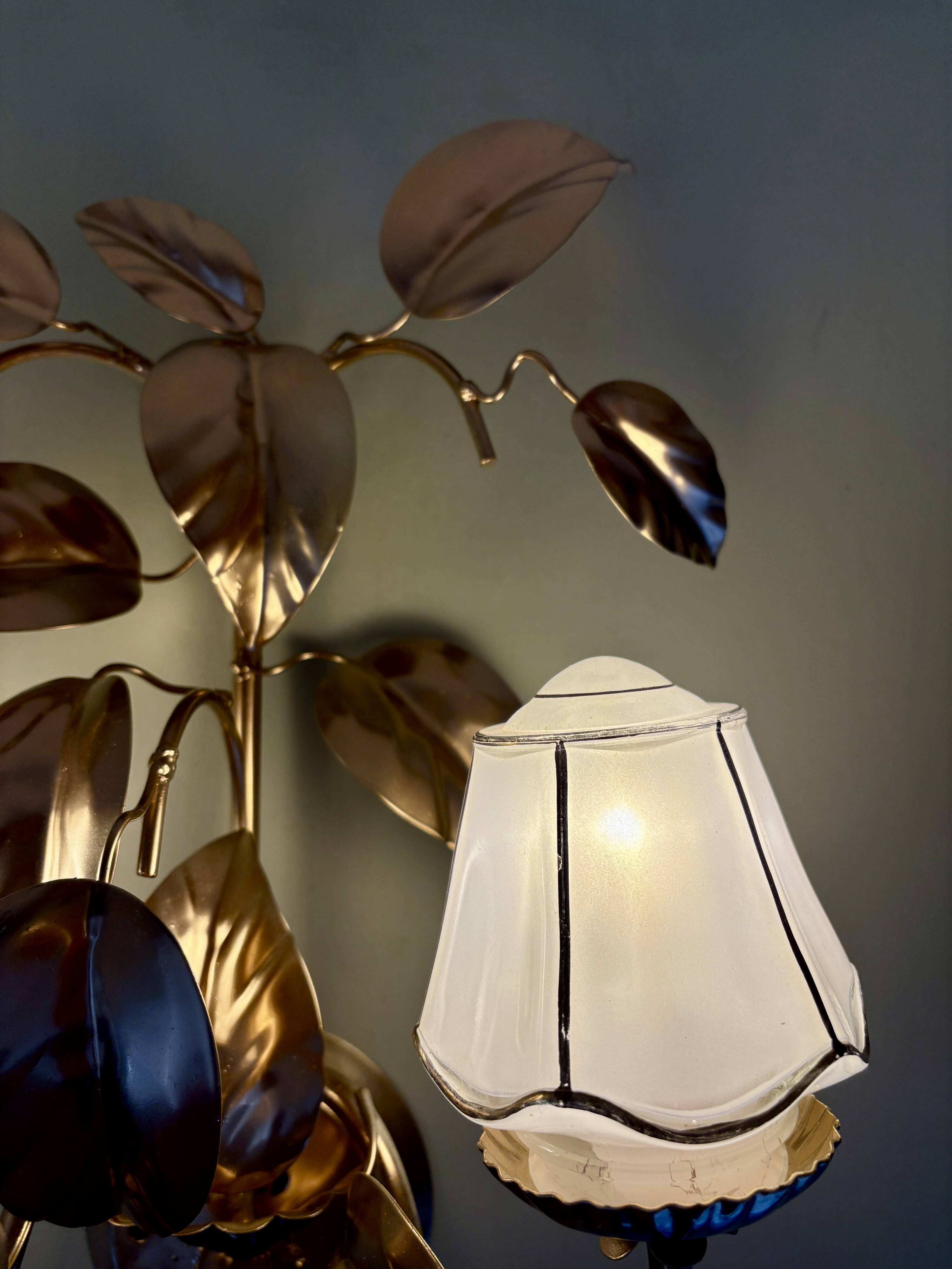 Vintage two-light wall lamp in gold metal with vintage art deco globes