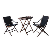 Ensemble de chaises pliantes en bois et simili-cuir noir et table pliante vintage