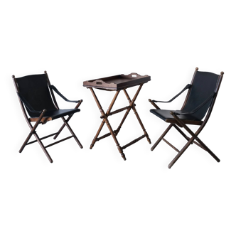 Vintage folding chair and tray table set | Campaign style