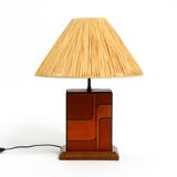 Italian 60s table lamp made of wood and leather with paper straw lampshade