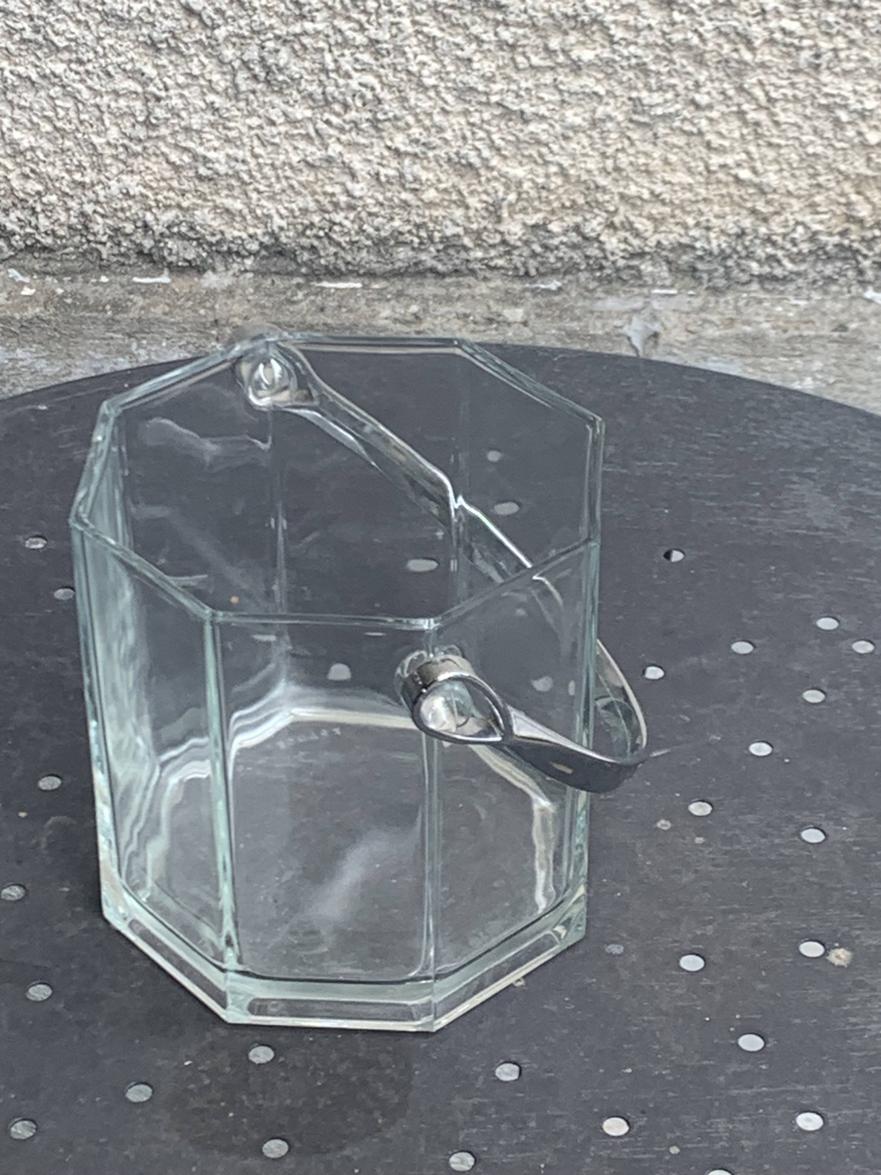 Ice bucket made in France in transparent faceted glass, stainless steel handle
