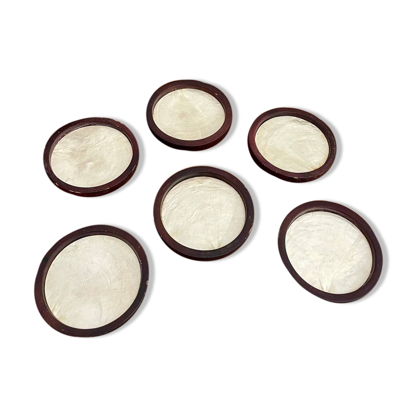 Set of 6 vintage mother-of-pearl wooden coasters