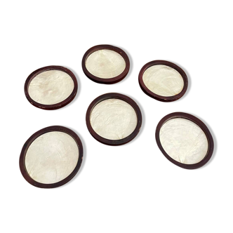 Set of 6 vintage mother-of-pearl wooden coasters