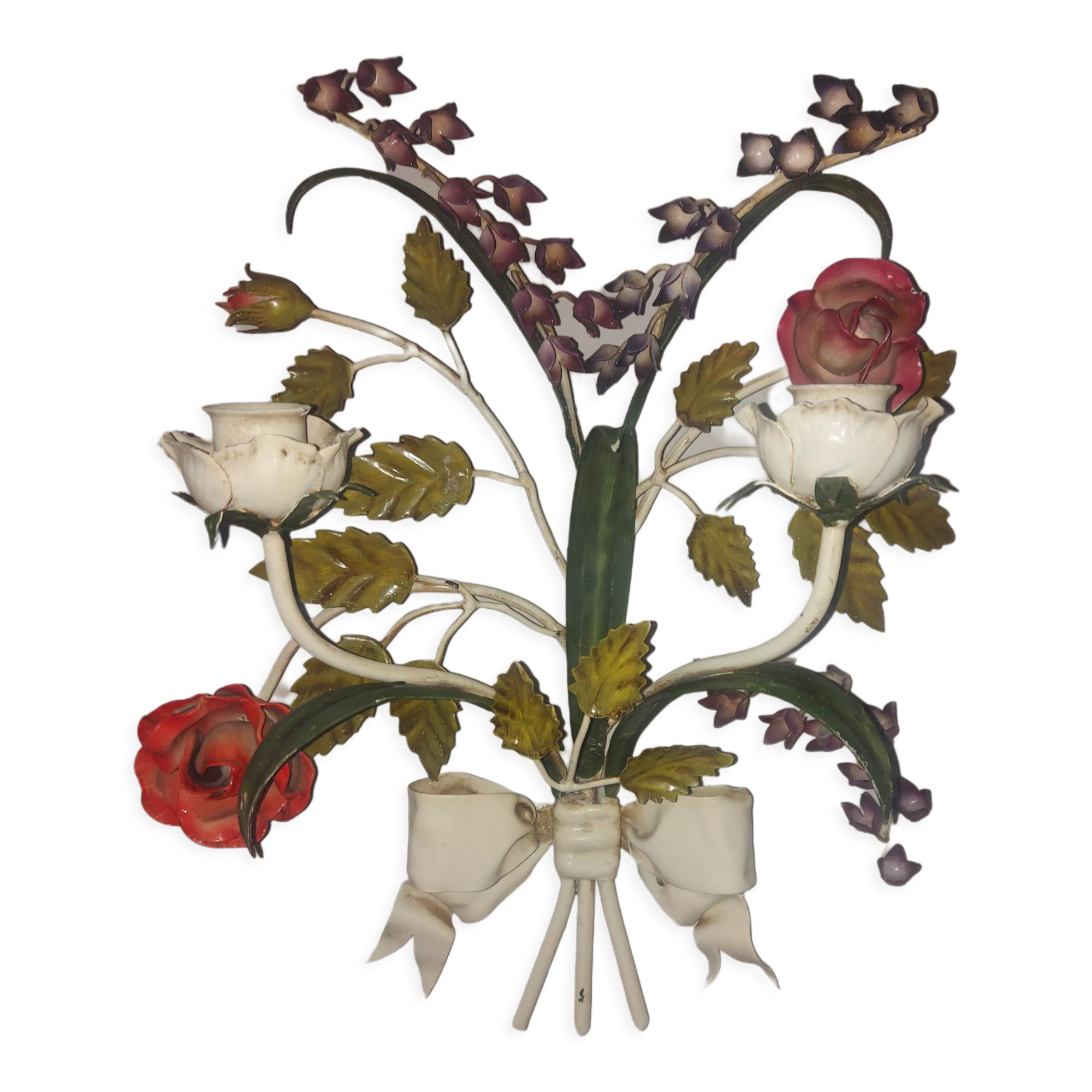 Bougeoir vintage mural décor de fleurs  en métal polychrome