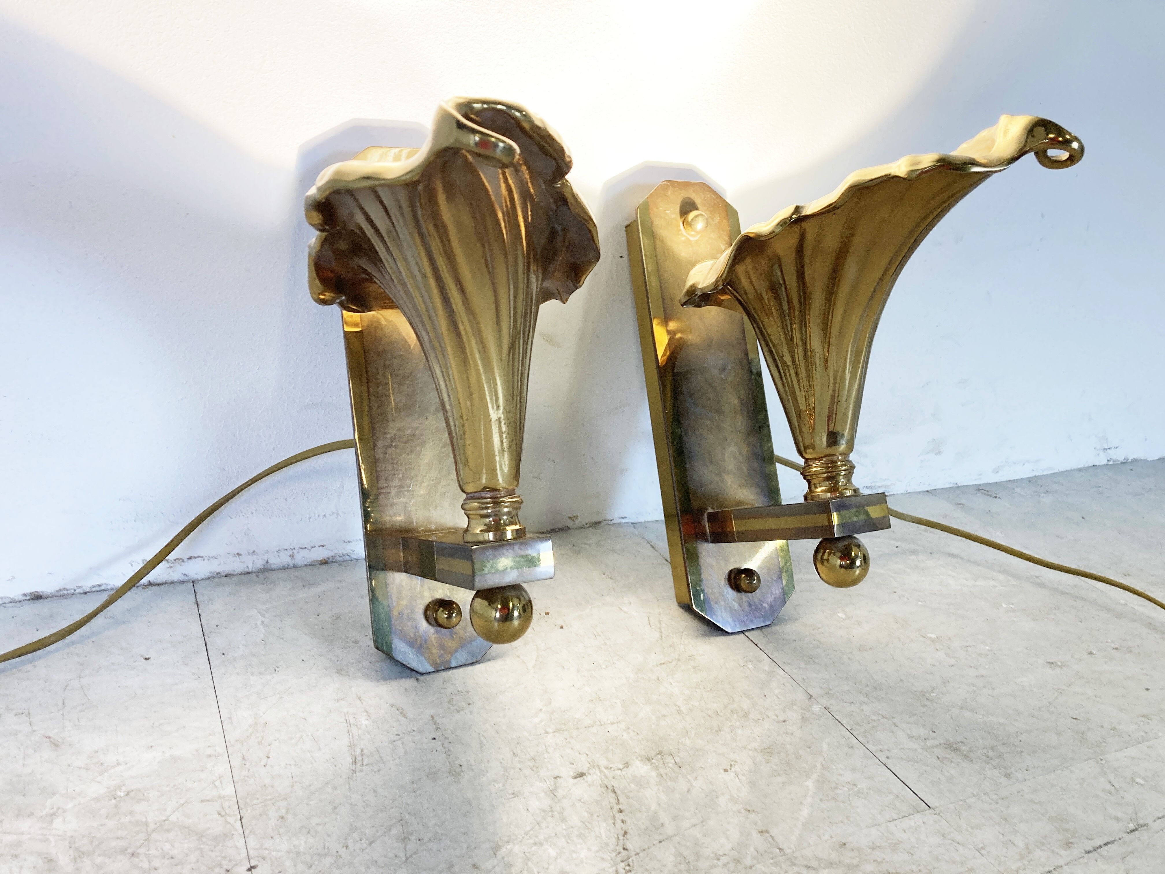Pair of Bronze flower wall lamps, 1970s