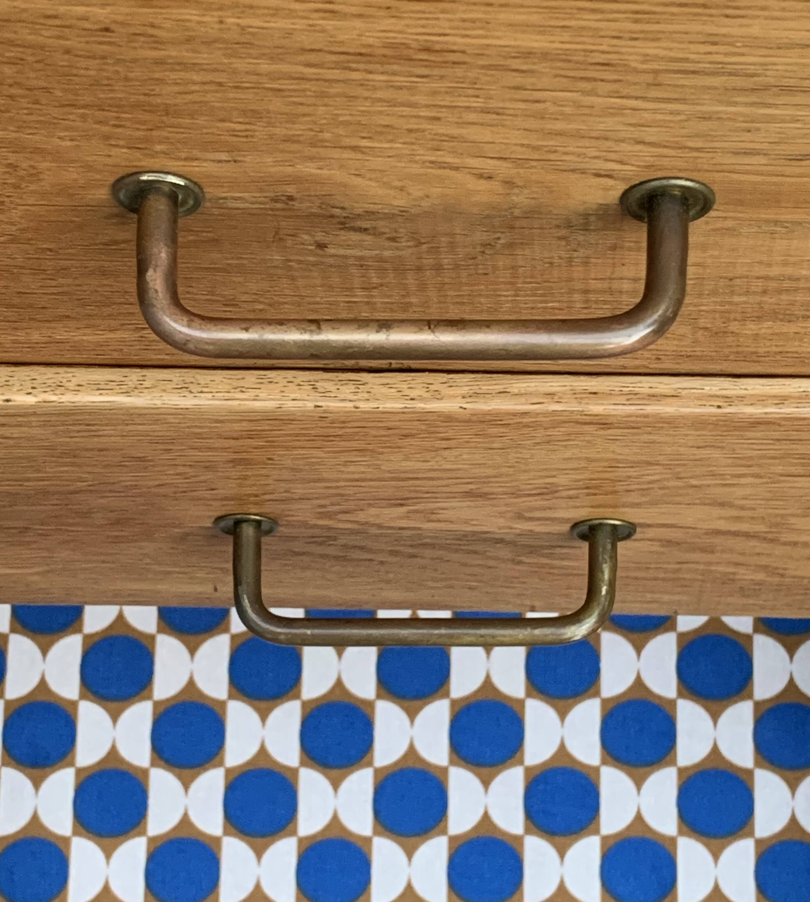 Chest of drawers with compass feet, raw wood, 1950s