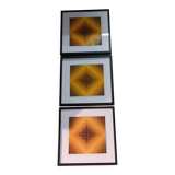 Optical Art Triptych - 3 Vintage Paintings - Victor Vasarely - Frames