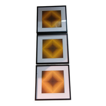 Optical Art Triptych - 3 Vintage Paintings - Victor Vasarely - Frames