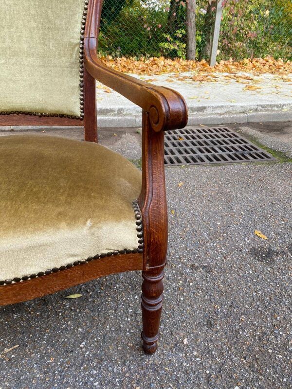 Fauteuil impérial en chêne et velours beige du 19ème siècle