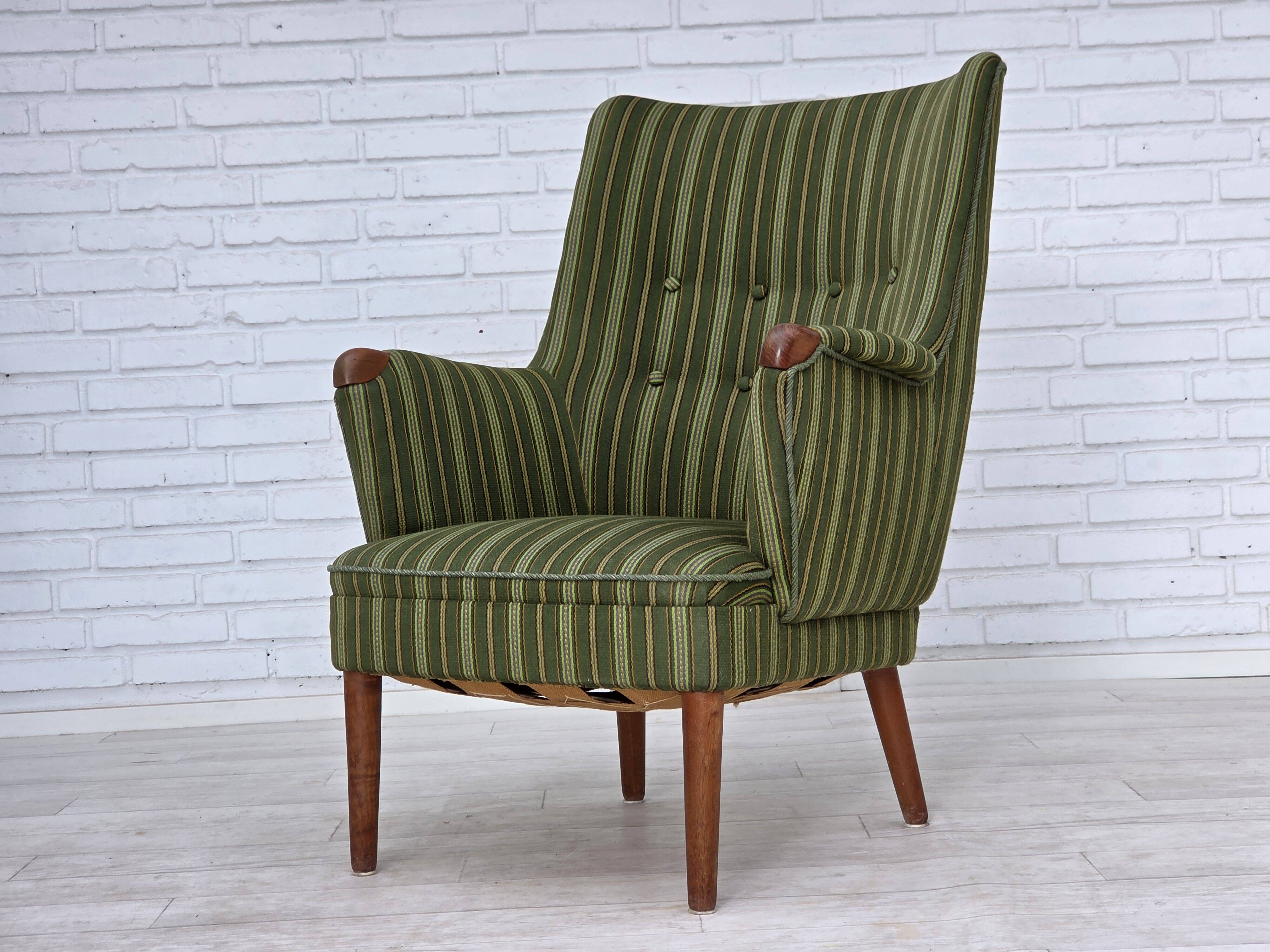 1960s, Danish armchair, green furniture wool, teak wood.