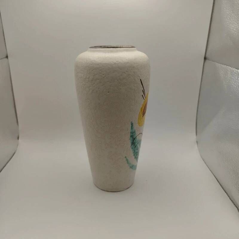 Vintage ceramic vase with floral decoration in Vallauris style from the 1960s retro.