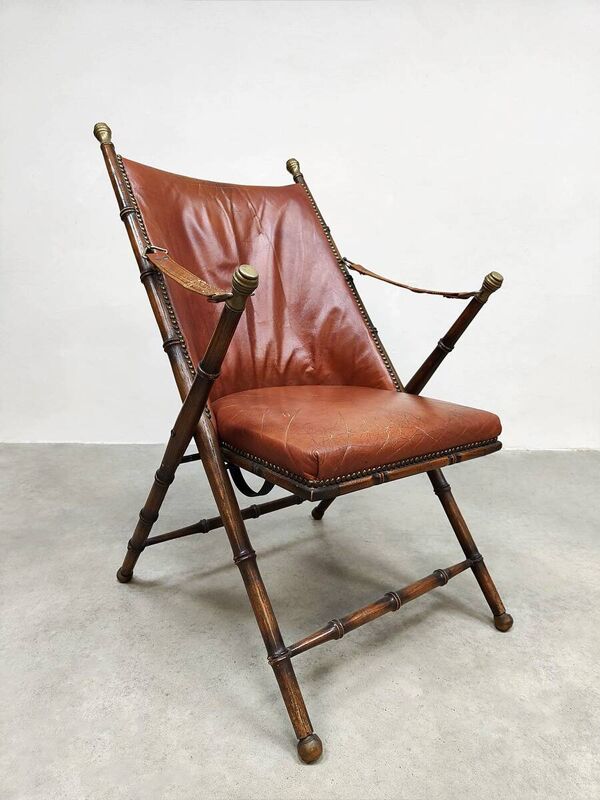 Fauteuil pliant vintage en simili cuir et faux bambou, style Safari
