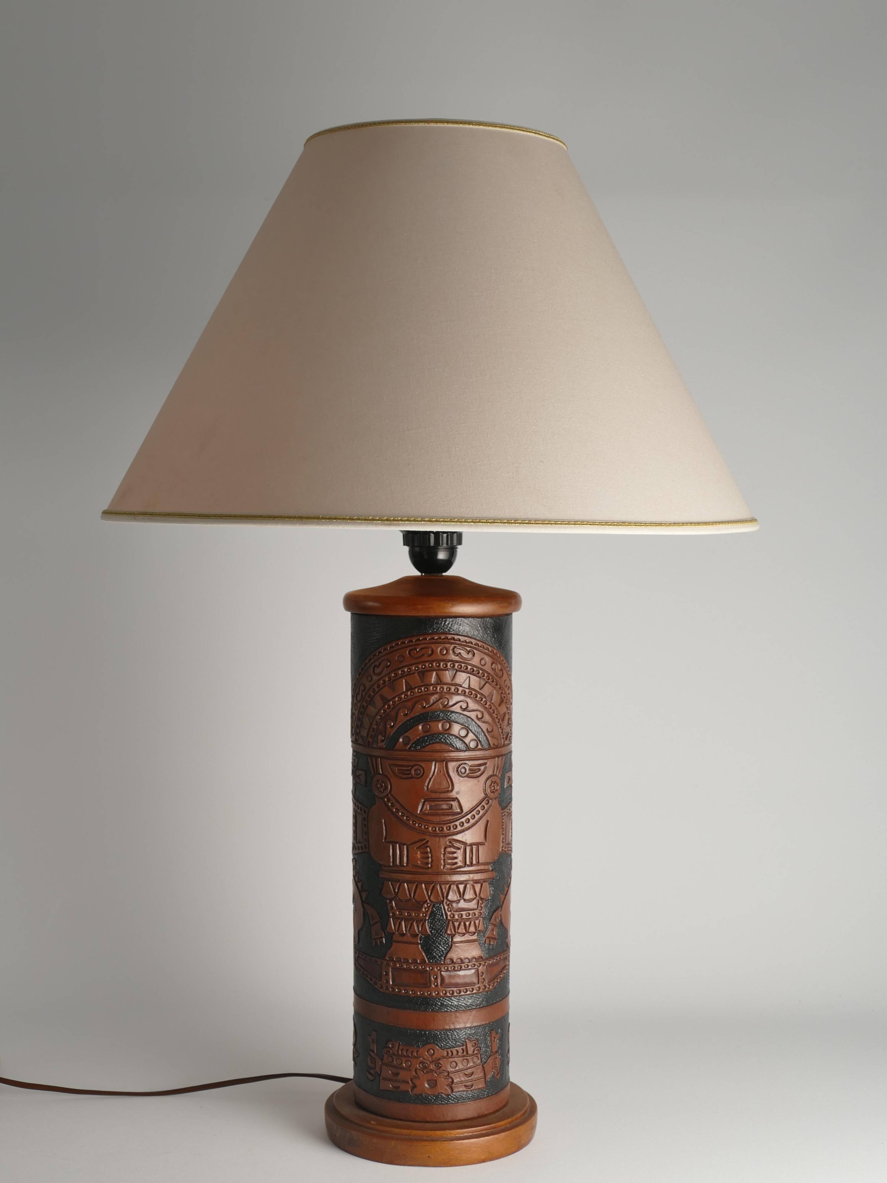 Mid-Century Modern Aztec Motif Hand Tooled Leather Table Lamp