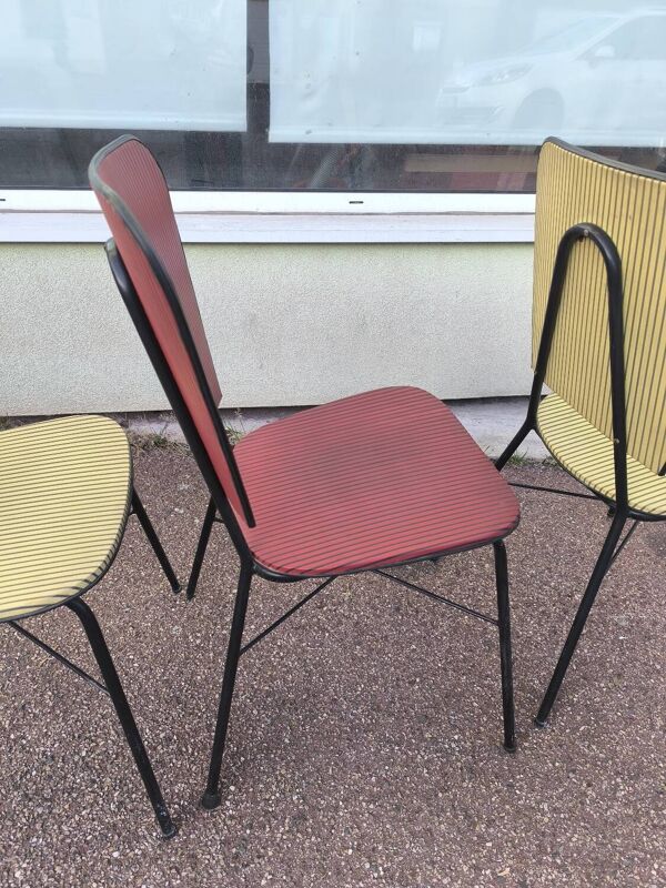 Lot de 3 chaises vintage skaï jaune rouge