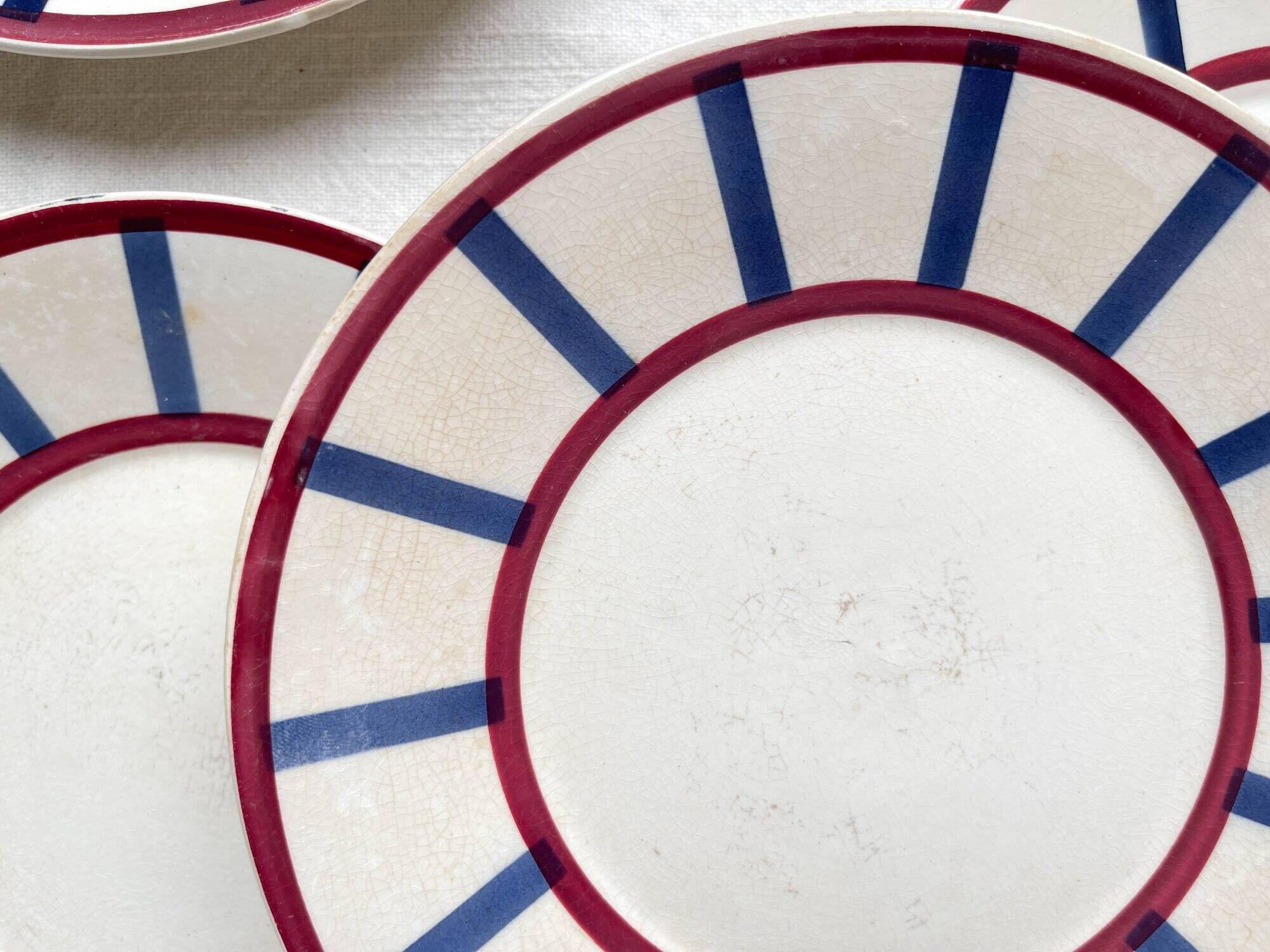 5 Small Vintage French Plates Terre de Fer HBCM Béarn blue and red stripes
