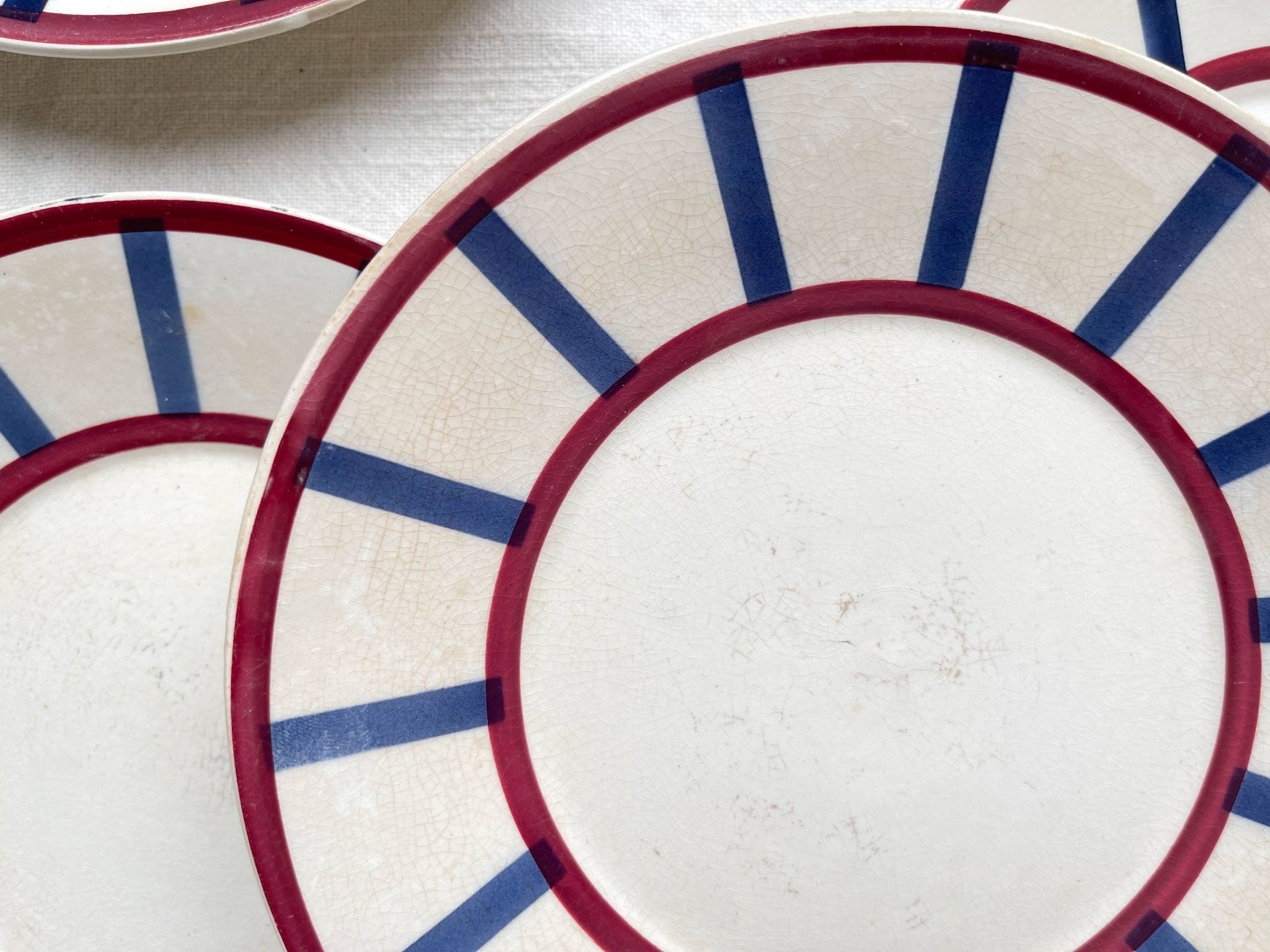 5 Small Vintage French Plates Terre de Fer HBCM Béarn blue and red stripes