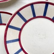 5 Small Vintage French Plates Terre de Fer HBCM Béarn blue and red stripes