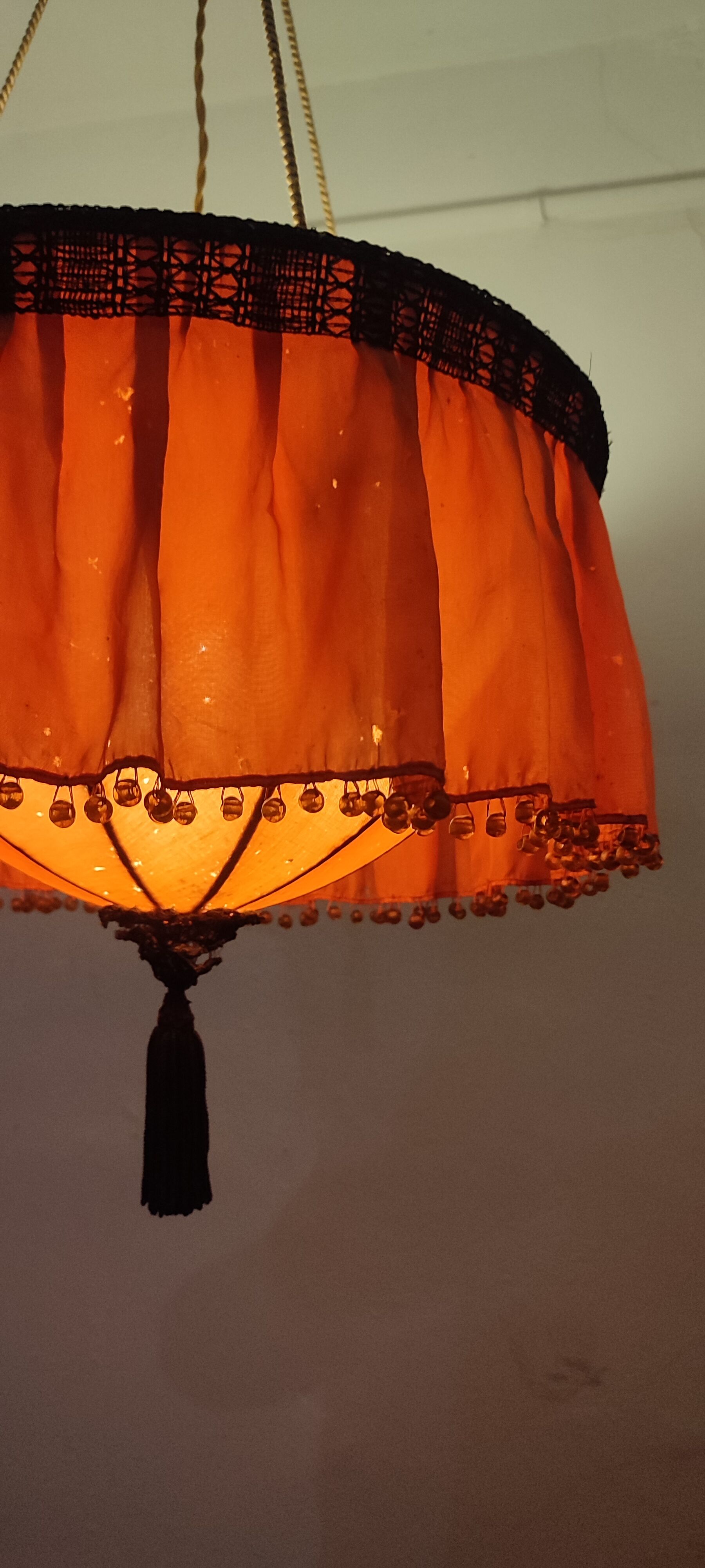 Ceiling lamp made of satin fabric and crystals, Spain, 1940
