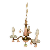 Small Italian Bronze Chandelier with Porcelain Flowers and its 2 Wall Sconces