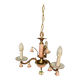 Small Italian Bronze Chandelier with Porcelain Flowers and its 2 Wall Sconces