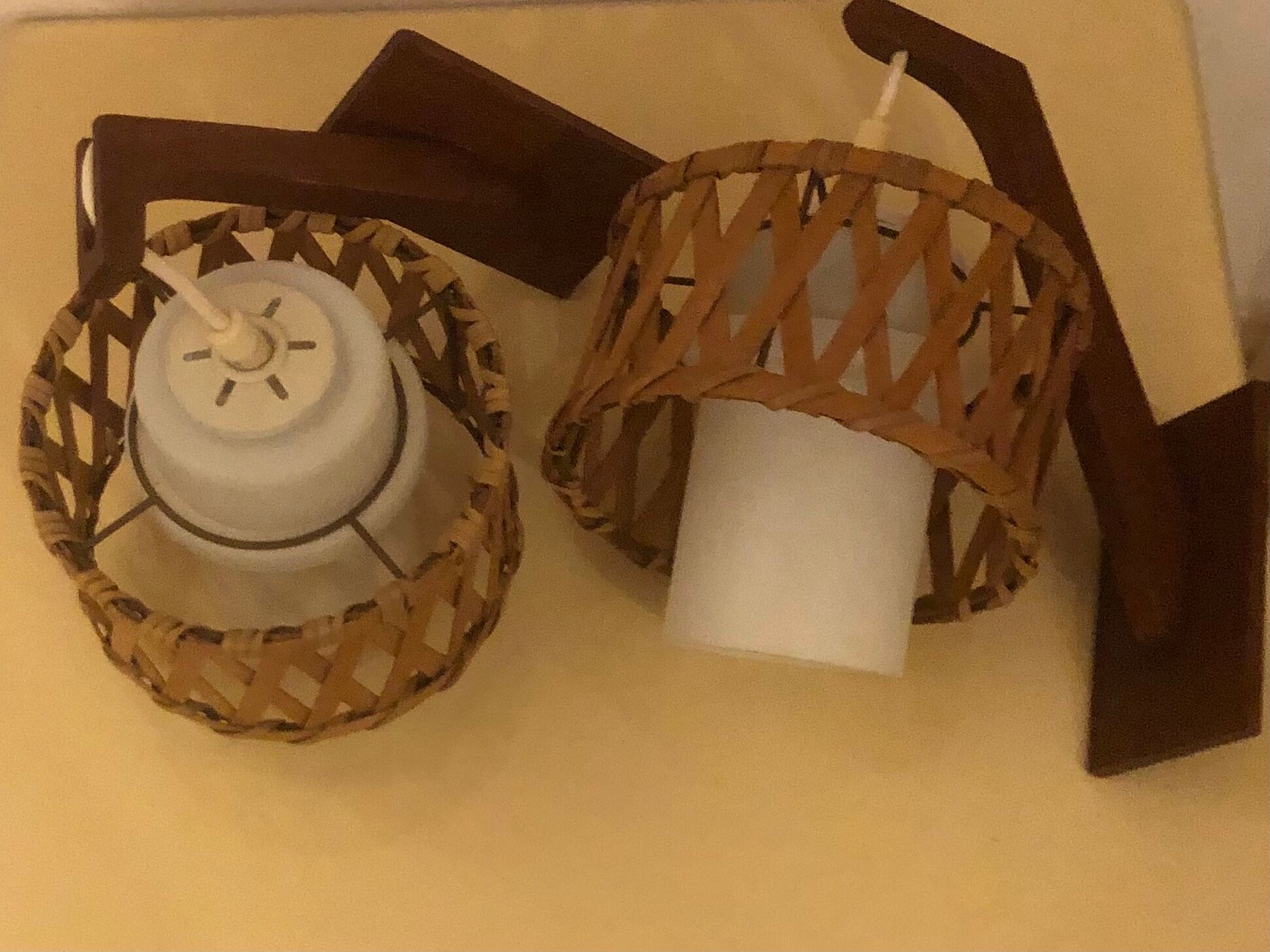 Pair came in wicker rattan and opalescent glass.