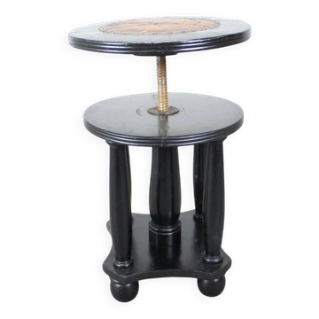 Antique Adjustable Piano Stool with Leather Seat, Black Wood, 1910s, Czechoslovakia
