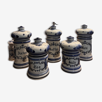 Set of 5 vintage kitchen pots in Delft earthenware (Holland) Gilde hand painted