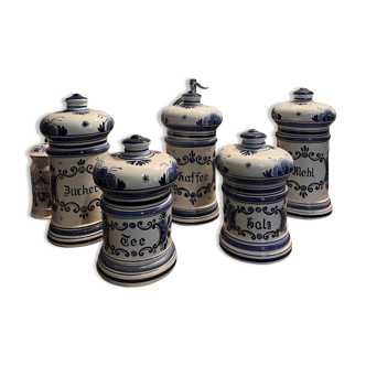 Set of 5 vintage kitchen pots in Delft earthenware (Holland) Gilde hand painted