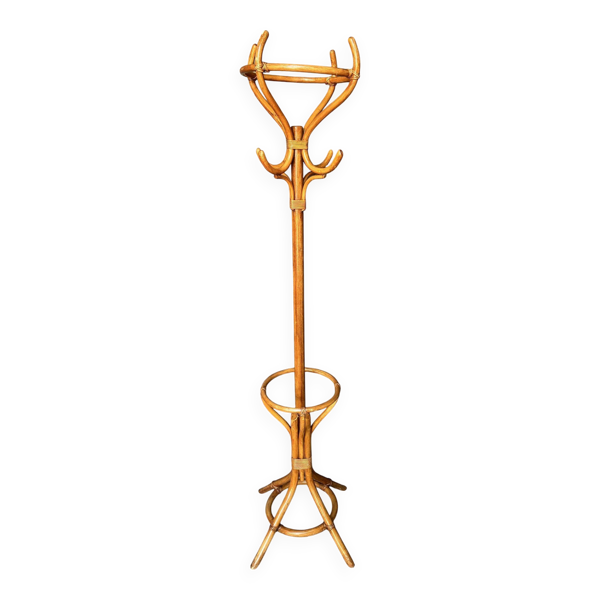 Porte-manteau en bois cintré et en rotin, années 1960