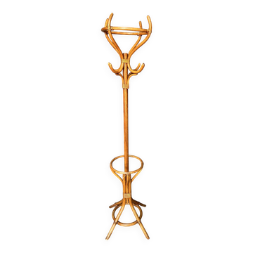Porte-manteau en bois cintré et en rotin, années 1960