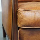 Cognac-Colored Sheepskin Leather Art Deco Design Chair Combined with Wood