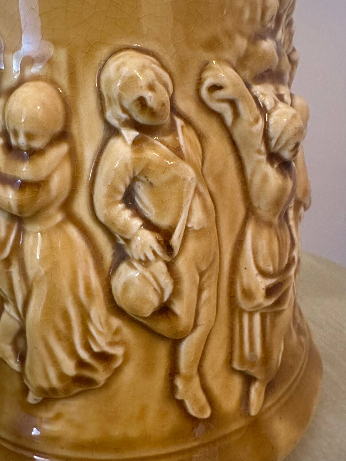 Old large Sarreguemines Majolica earthenware pitcher, vintage slip