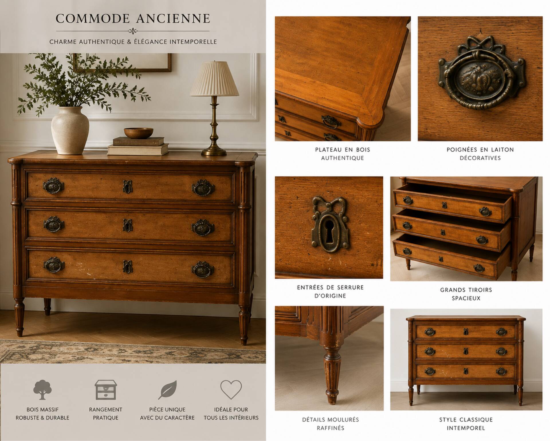 Light walnut commode in Louis XVI style with fluted motifs and three drawers.