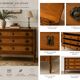 Light walnut commode in Louis XVI style with fluted motifs and three drawers.