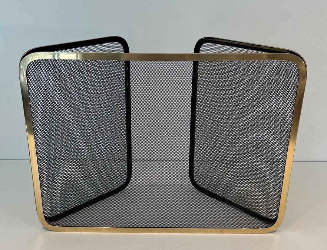 Three-Panel Folding Fire Screen in Polished Brass and Steel Mesh