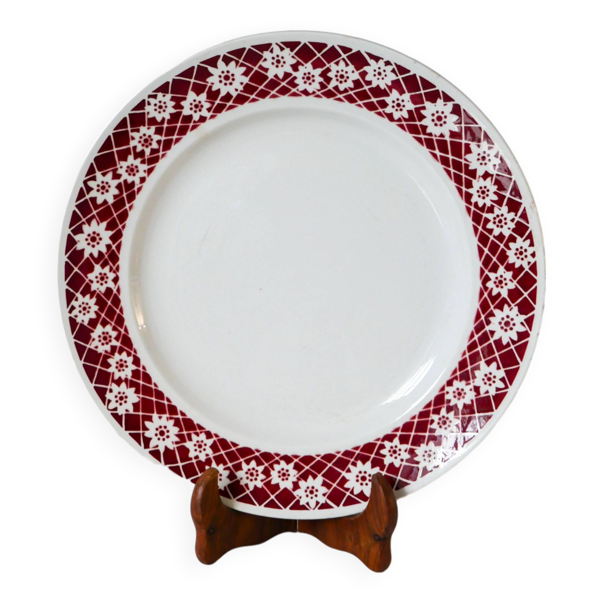 Large round dish saint amand outlines burgundy flowers 1950