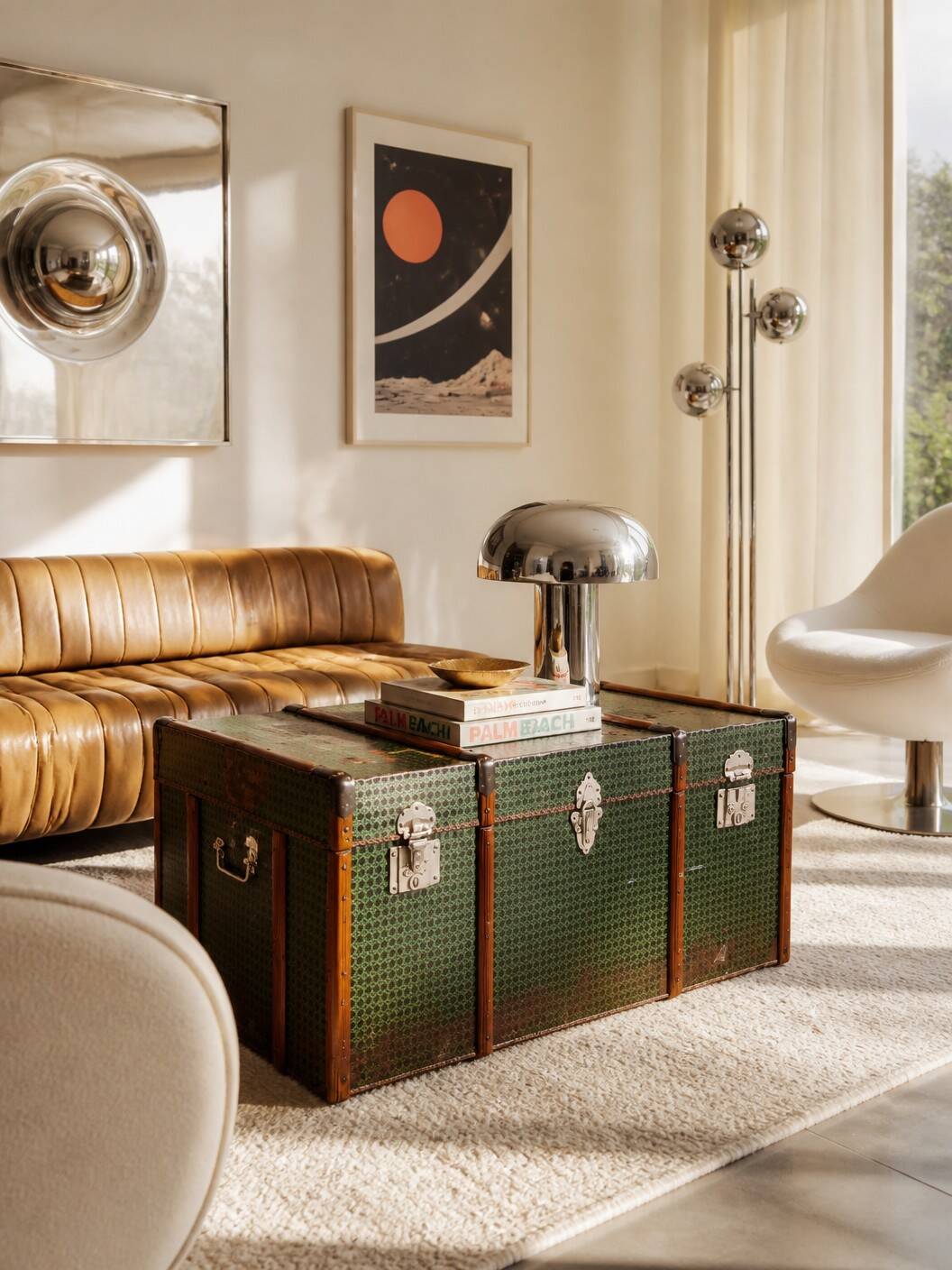 Vintage wooden and metal green travel trunk, circa 1930.