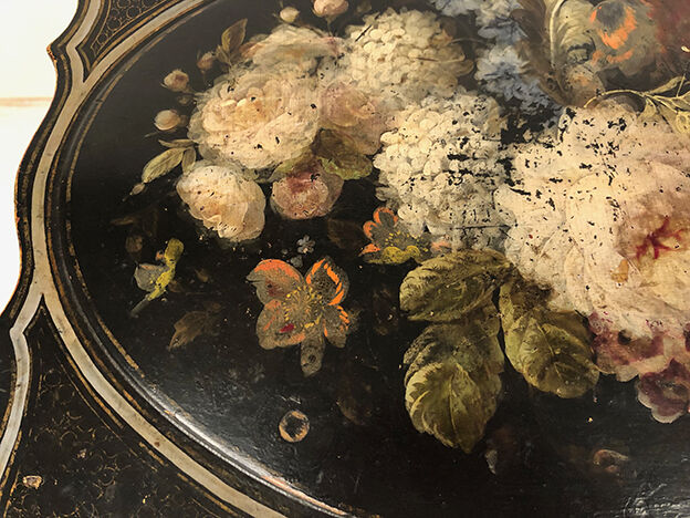 Small table with Napoleon III work, wood and boiled cardboard decorated with flowers painted with flowers