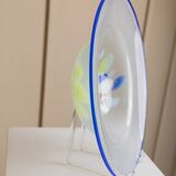 XL Vintage Murano Glass Bowl with Blue Rim and Multicolor Dots – Mouth-Blown Italian Glass, 1980s Pop Art